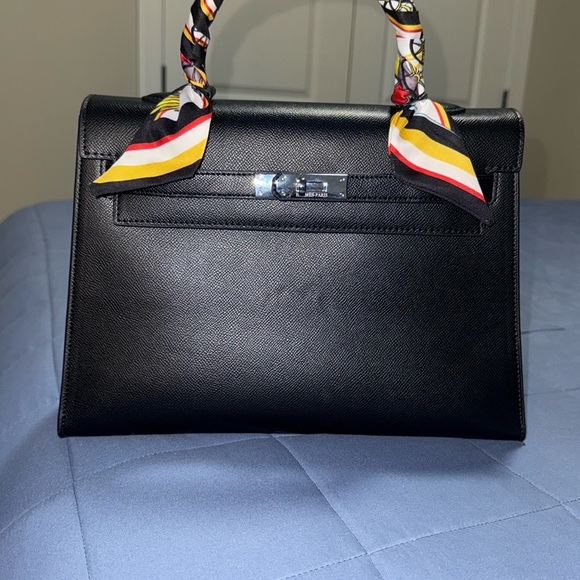 Black Structured Handbag with Colorful Scarf Accents - Picture 13 of 13